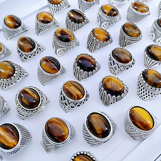 Top Pick by Customers: Set of 5 Vintage-Inspired Rings featuring Natural Tiger Eye Stones - Made of Zinc Alloy, Ideal for Daily and Special Occasions