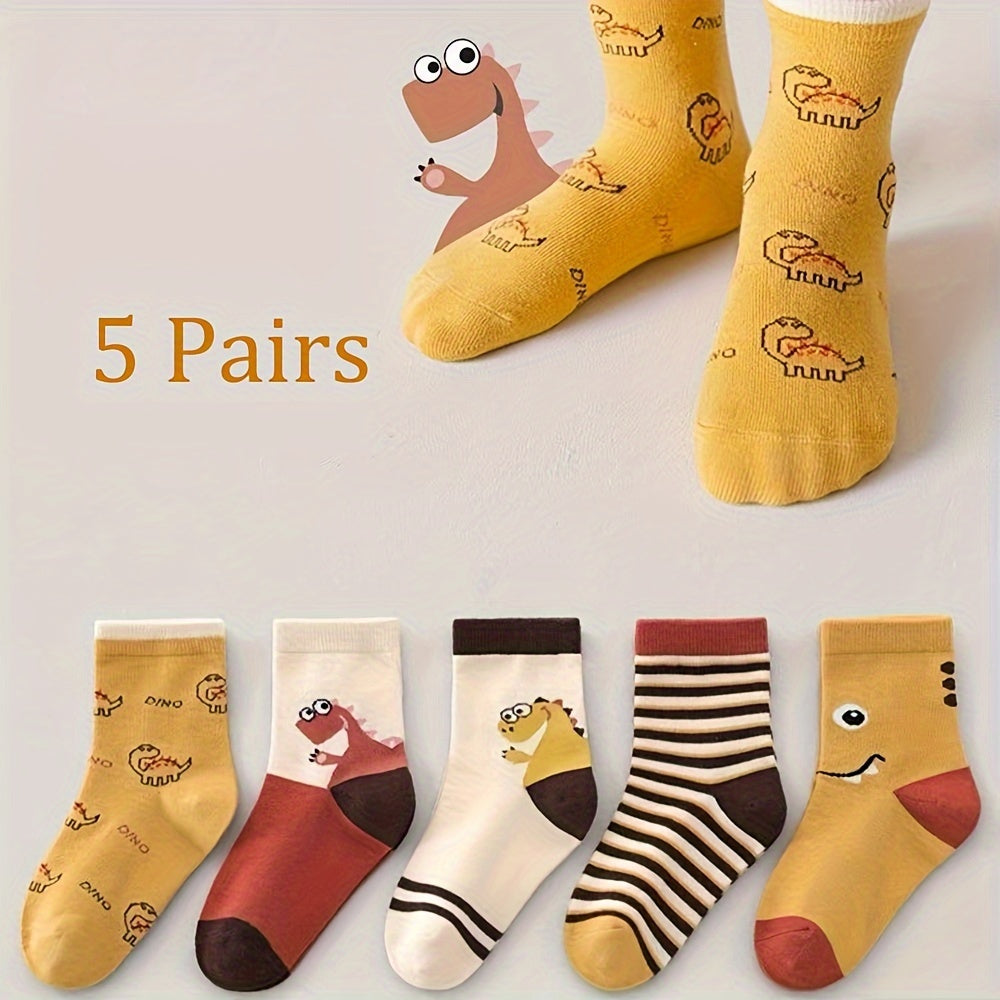 Five pairs of boys' cartoon little dinosaur socks for autumn and winter, featuring fashion color block design.