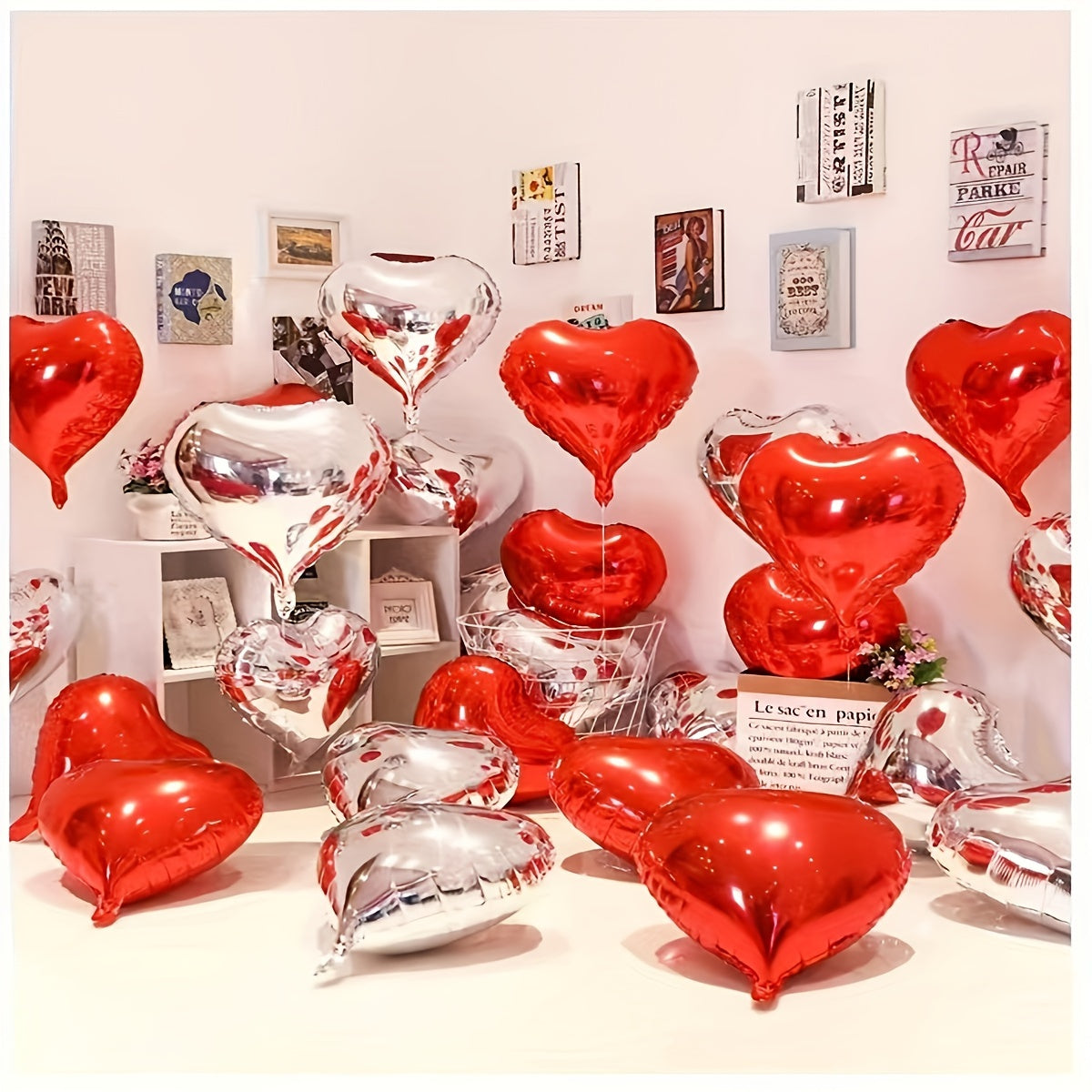 15 red heart pink silvery love aluminum balloons for various occasions like birthdays, weddings, engagements, Valentine's Day, bridal showers, carnivals, home decor, and parties.