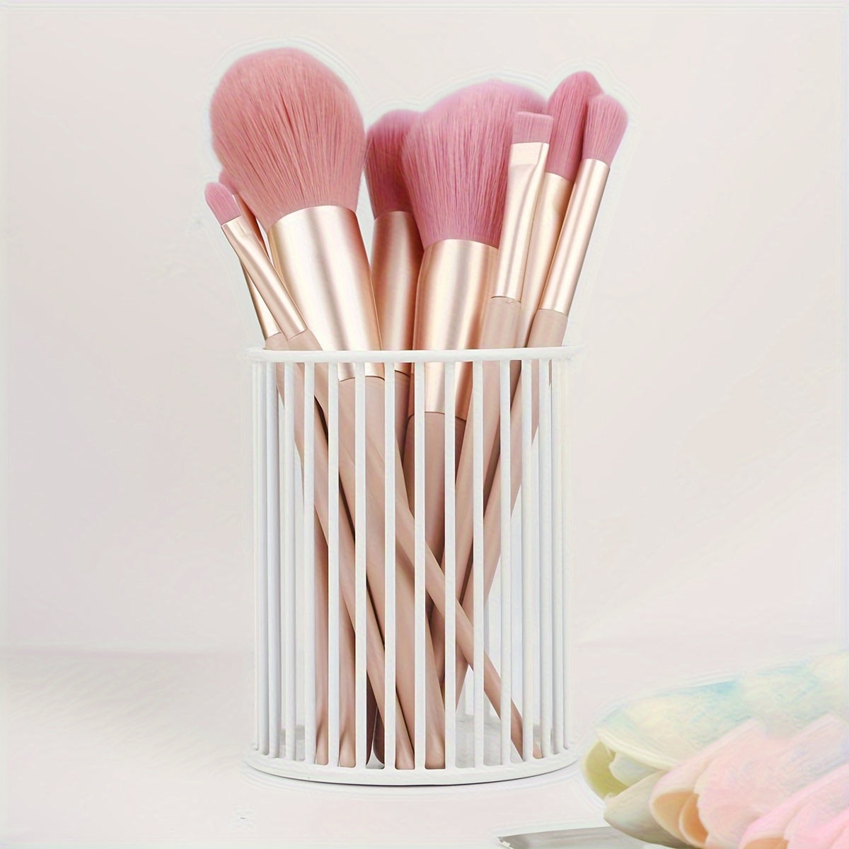 Golden Iron Makeup Brush Holder with Polished Finish, Rust Resistant, Multi-functional Desktop Organizer