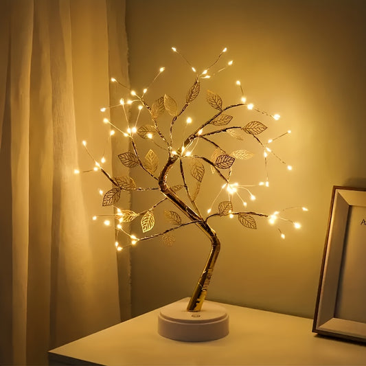 Stylish Golden Leaf LED Tree Light in Warm White - Battery or USB Powered, Ideal for DIY Room Decor & Festive Gifting (Christmas, Halloween, New Year, Valentine's)