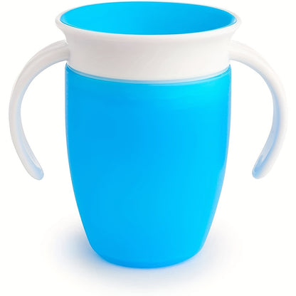 Pink and white leak-proof training cup with easy-grip handles for young children. Made of durable, lightweight silicone and is handwash recommended.