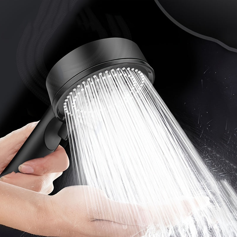 Handheld shower head with 5 water flow modes, bracket, hose, and five golden accessories.