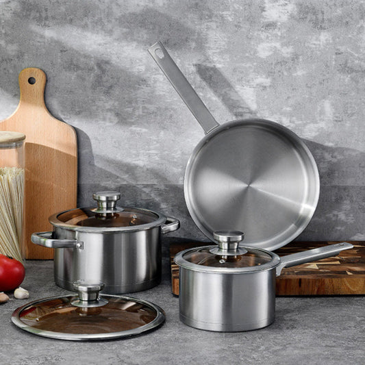 Three-piece set of stainless steel cookware includes a durable soup pot with double handles, a saucepan with a single handle, and a frying pan. All pieces are heat-resistant, easy to clean, and feature visual lids and hollow handles for added convenience.