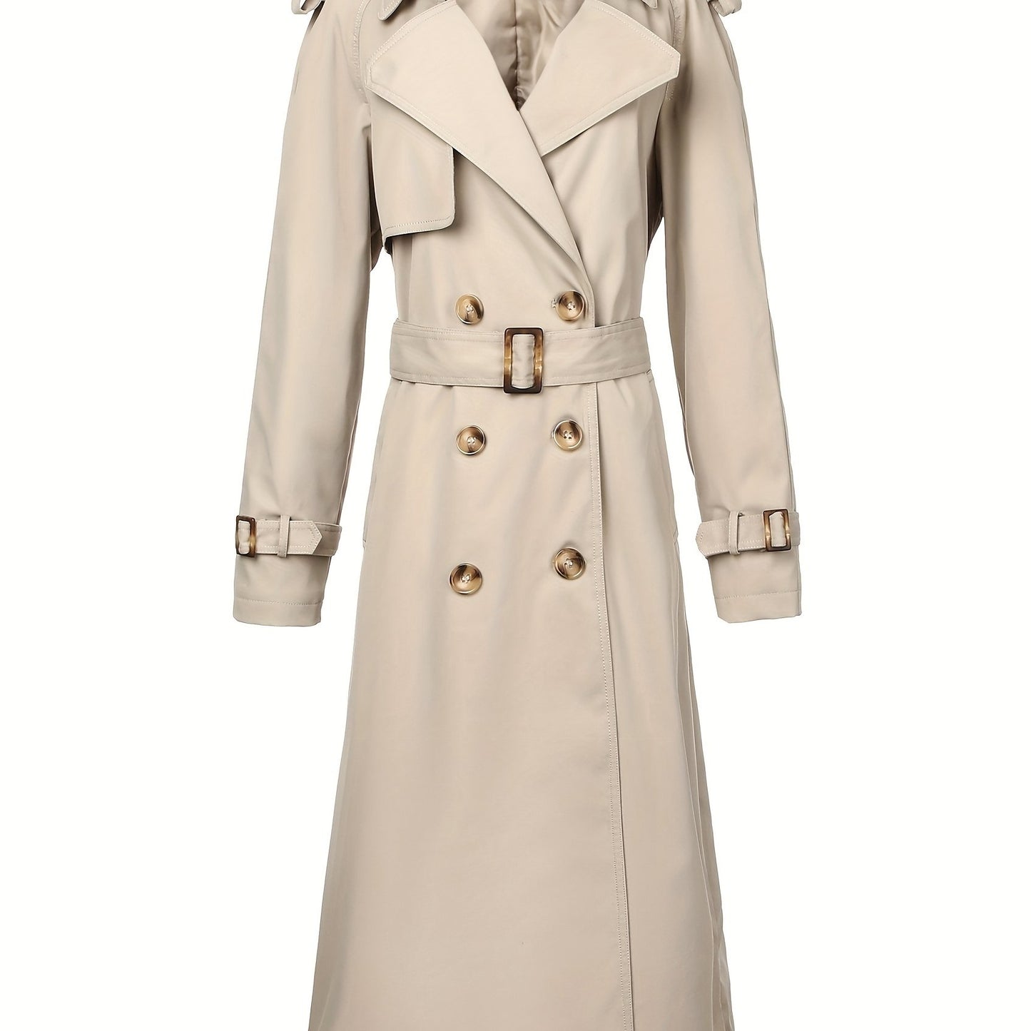 Stylish beige trench coat for women with belt, perfect for fall and winter. Made of polyester, mid-length with double-breasted front and long sleeves.