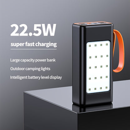 50000mah/30000mah power bank with LED display and built-in camping lights, ideal for iPhone, Android, and electronics. Perfect outdoor emergency backup battery pack.