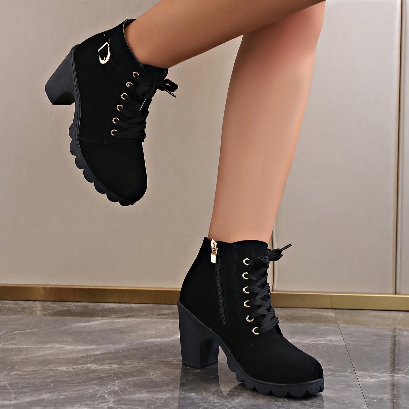 Chunky heel lace-up ankle boots for women, with side zipper.