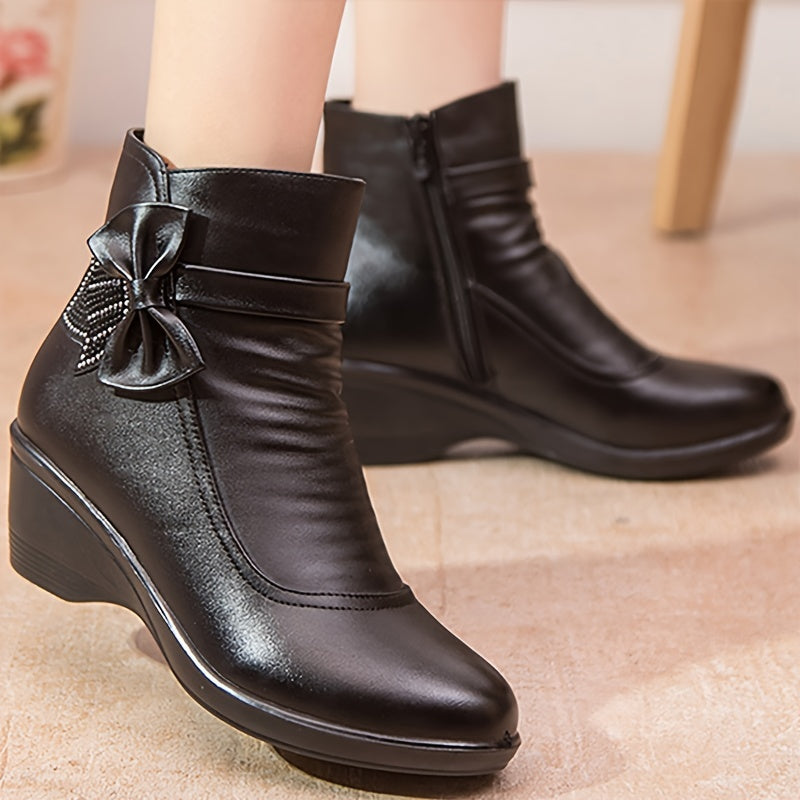 Women's Winter Ankle Boots with Wedge Heels, Wide Width, Bow Detail, Rhinestone Zipper, Waterproof, and Soft lining.