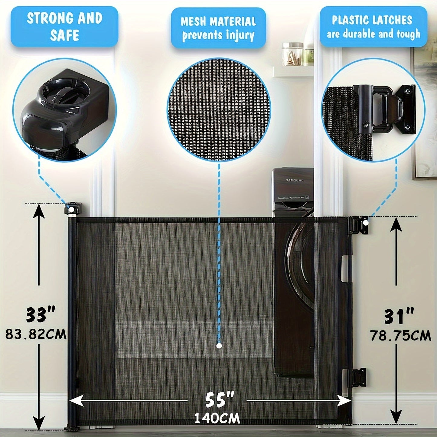 Easy to Install Safety Gate for Babies and Children - Sturdy ABS Plastic Retractable Gate with Mesh for Home Safety, Pet Barrier - No Assembly Necessary, Perfect for Ages 0-3