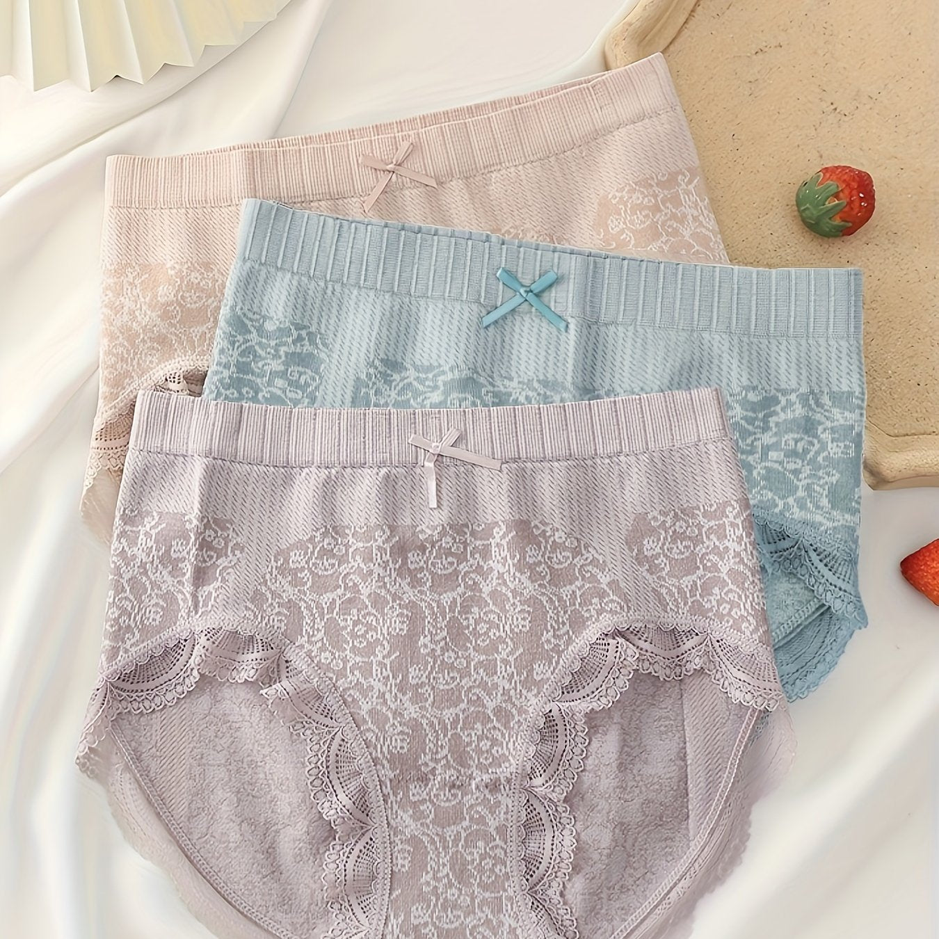 3 Elegant Floral Lace Trim Briefs for Women - Seamless, Breathable & Comfortable Mid-Rise Panties with Bow Detail