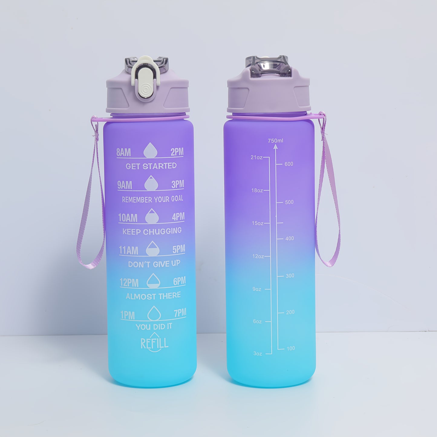 Lightweight water bottle with straw and time stamp, fixed hand strap prevents falling off, practical for daily outings and various sports, reasonable liquid capacity design for reassurance.