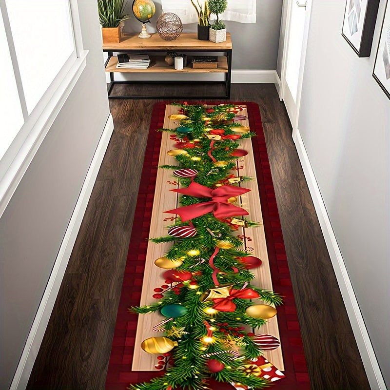 Get into the holiday spirit with this Christmas-themed runner rug featuring a festive tree, ornaments, and bow design. Made from low pile, tufted polyester, this machine washable rug is also non-slip and stain resistant, making it perfect for hallways