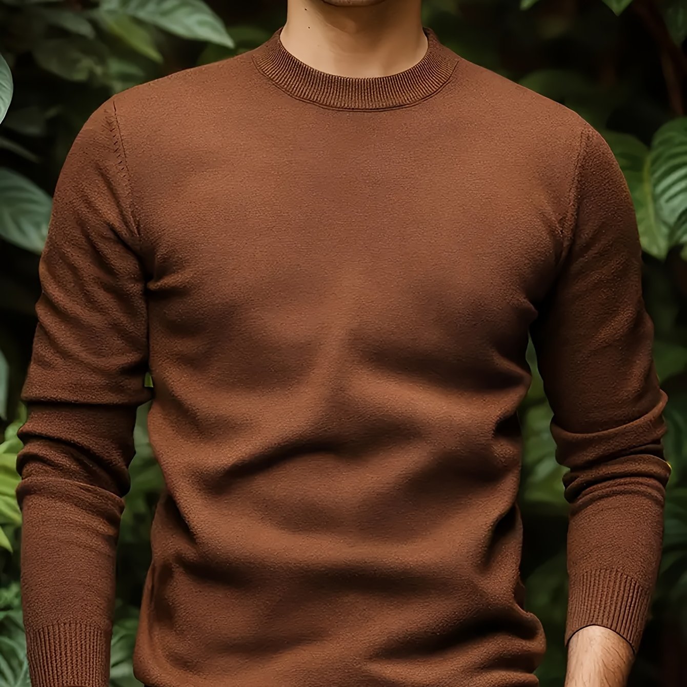 1 Men's casual crew neck sweater made of viscose knit with medium stretch, solid color, regular fit, long sleeve - ideal for autumn and winter.