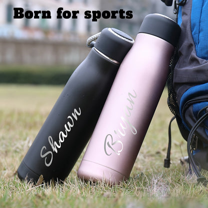 Personalized thermos bottle with laser-engraved text on stainless steel featuring rope design.