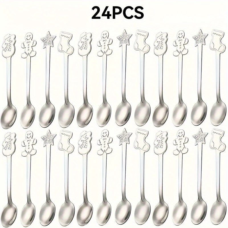 Set of 8/12/24 Christmas-themed stainless steel dessert spoons with mirror finish, perfect for family gatherings, restaurants, and kitchen/dining use.