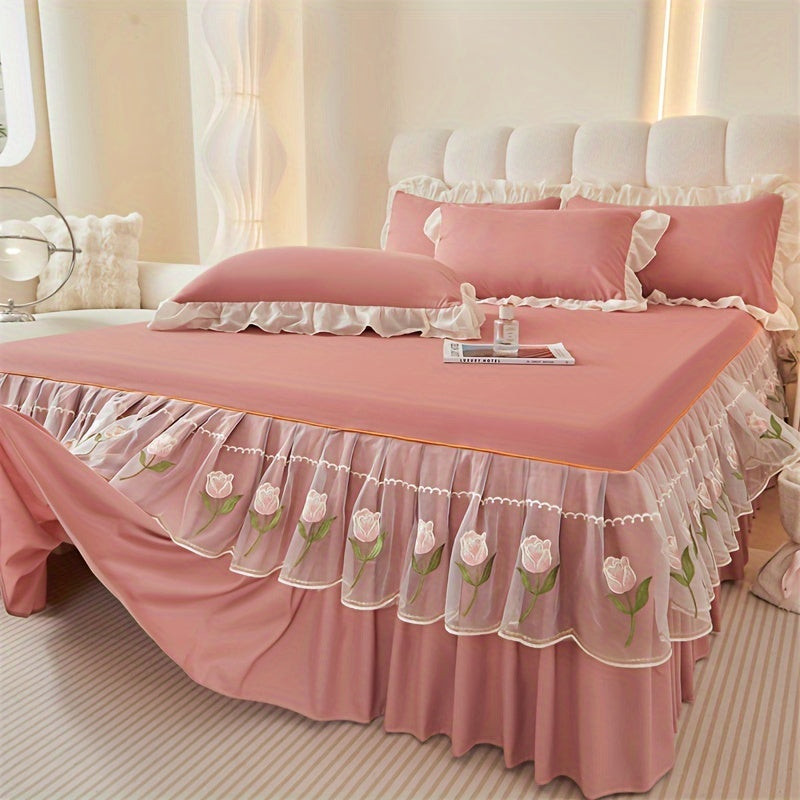 3pcs Luxury Embroidered Bed Skirt Set with Rose Lace Ruffles, 100% Polyester, Includes 1 Lace Bed Skirt and 2 Lotus Leaf Pillowcases. Suitable for Bedroom or Guest Room, Machine Washable.