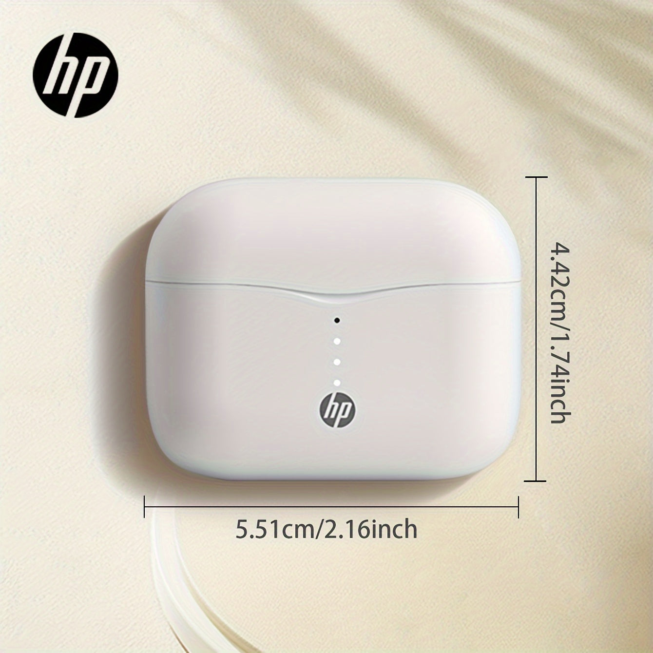 HP 8WJ01PA True Wireless Earbuds in white color with touch control, semi in-ear design, 300mAh lithium battery, USB-C charging, tangle-free wires, and protective case. Compatible with