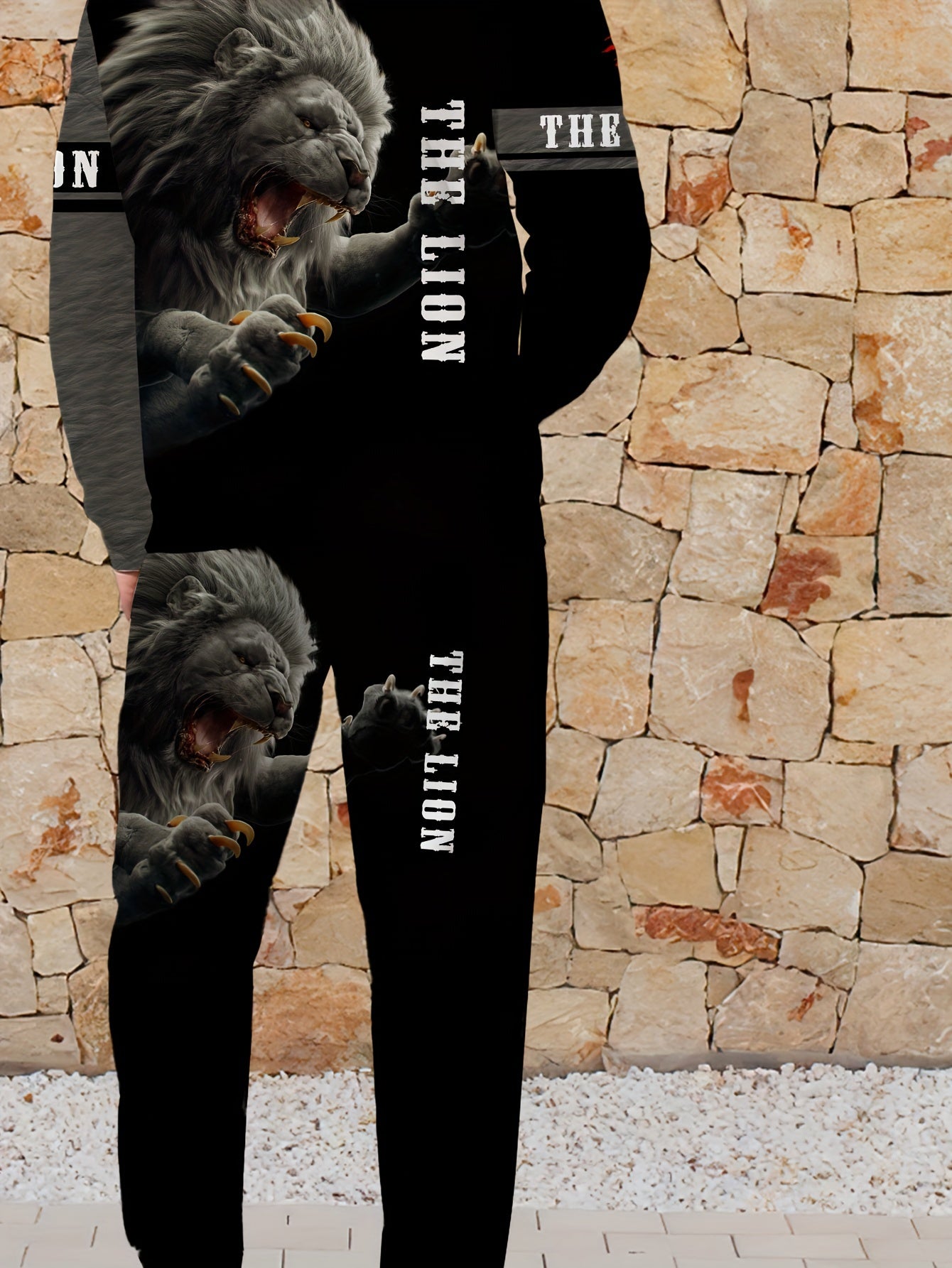 Men's Fierce Lion Graphic Hoodie & Sweatpants Set - Casual, 2-piece polyester outfit, long sleeve, machine washable, perfect for spring/fall.