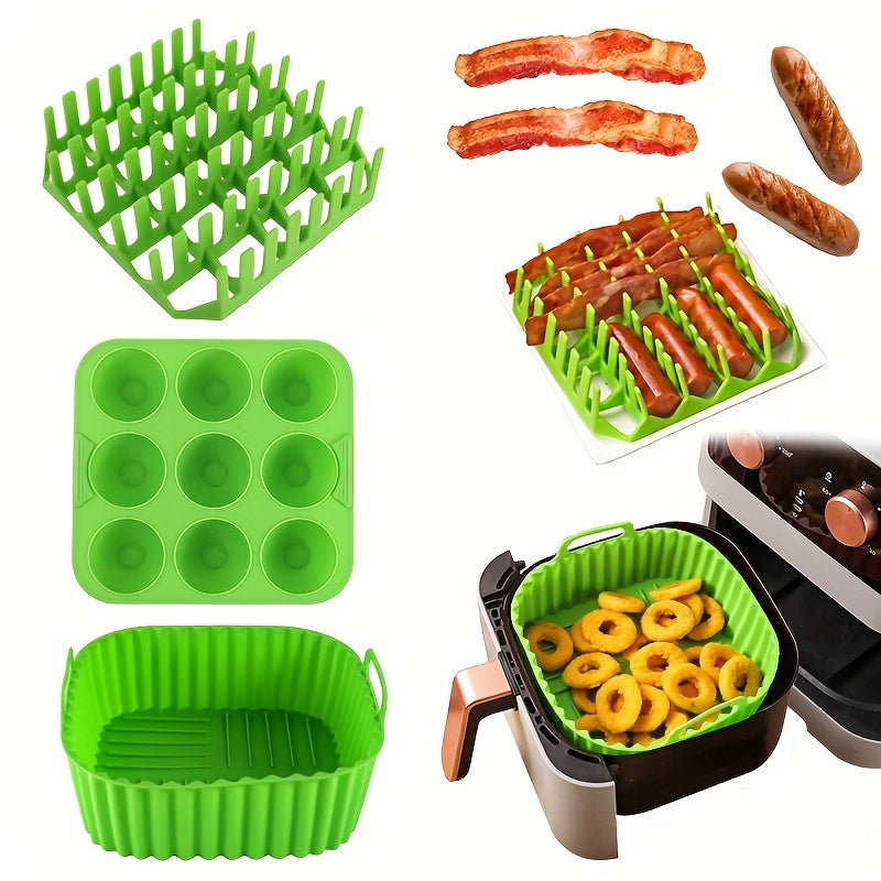 Premium Square Air Fryer Silicone Set includes a bacon & hot dog rack, 9-cavity cake mold, and air fryer pan. This BPA-free and dishwasher safe set is compatible with 7QT+ air fryers.