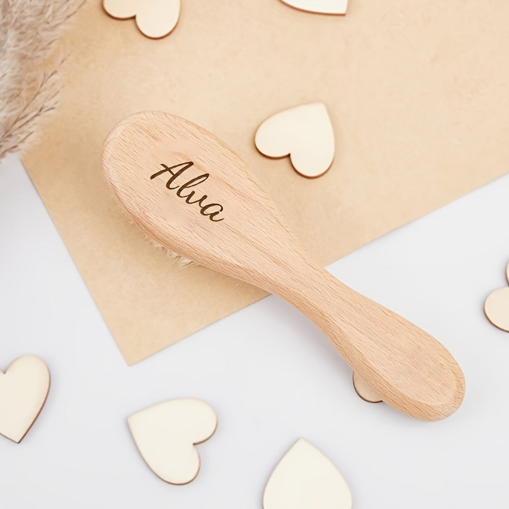 A charming engraved hair brush with a personalized cartoon wooden design, customized with your name. A unique and thoughtful gift option for Mother's Day or Father's Day.