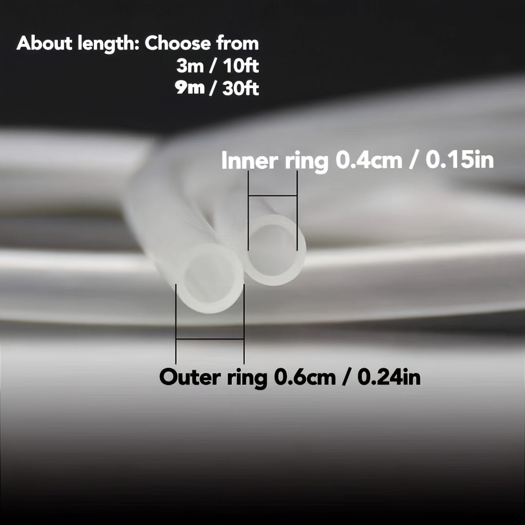 Silicone airline tubing for aquariums, available in 3.05m or 9.14m lengths. Flexible and translucent tubing for fish tanks, suitable for uncharged water pumps.