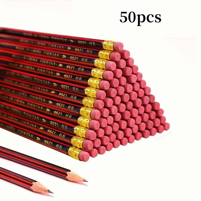 50pcs HB Pencil Set with Erasers - Fine 0.3mm, Red & Black Design, Durable & Comfortable