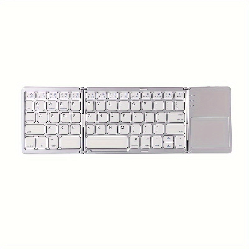 Portable and rechargeable wireless keyboard with touchpad, compatible with iPad Air 2, Windows 10, and Android devices. 81 keys, lightweight design, and durable construction.