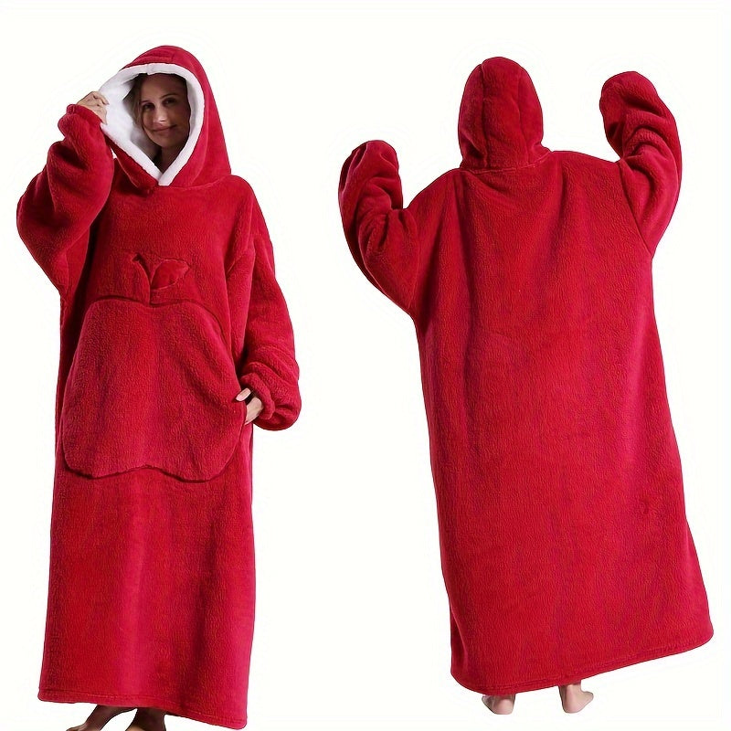 Stay warm and comfortable this winter in our oversized Cozy Velvet Hooded Lounge Robe. Available in red, purple, blue, brown, and black with convenient pockets, this hand-washable robe is made of soft polyester fabric perfect for indoor and outdoor use.