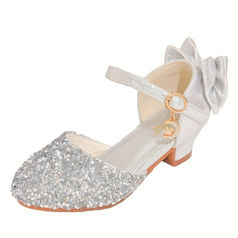 Girls' high heel shoes, youngsters' slippers, girls' silvery dress, piano performance shoes, princess shoes with bow.