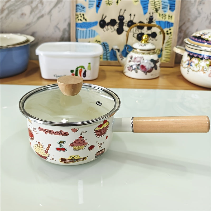 1 piece of a 7-inch enamel saucepan with a single handle, suitable for both gas and induction stoves. Ideal for cooking noodles and milk, this saucepan is thickened and perfect for home use.