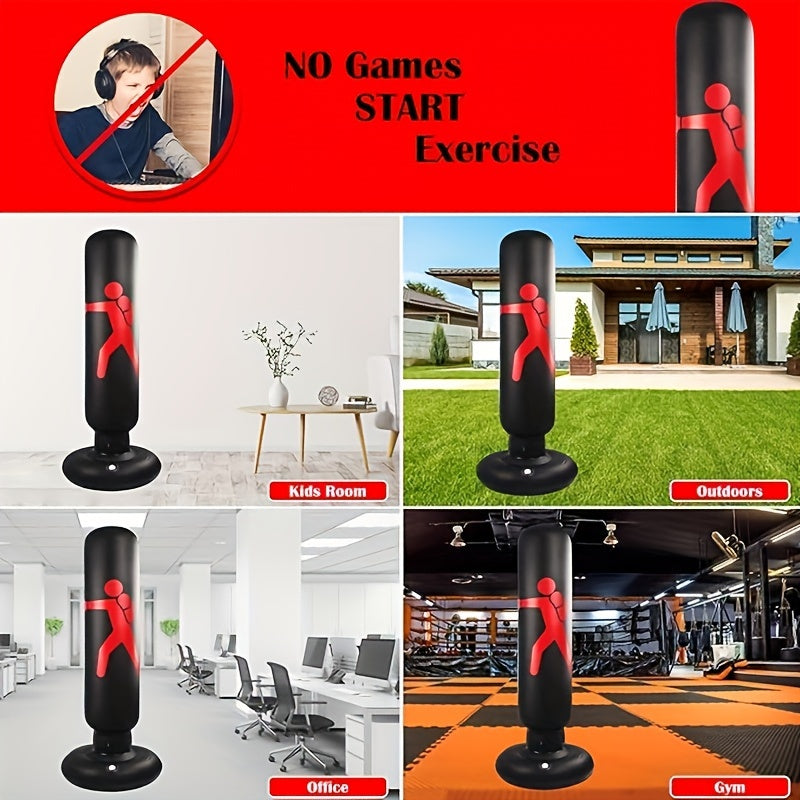 Freestanding inflatable punching bag for kids with stand. Includes gloves for karate and kickboxing. Ideal gift for boys and girls.