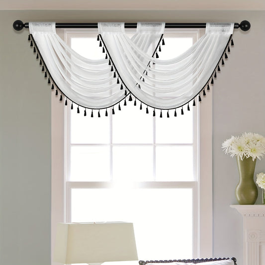 Fashionable Sheer Wave Curtain Valance with Tassels Edge - Light-Transmitting, Rod Pocket Design - Ideal for Living Room, Bedroom, or Kitchen Decor - Measures 30x24 Inches