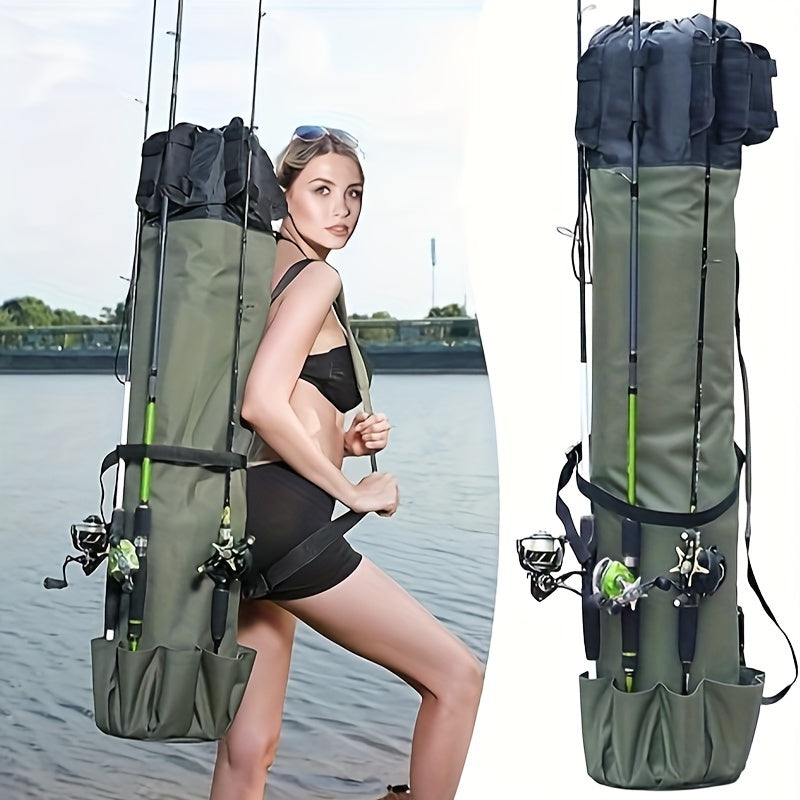 Durable, large waterproof green fishing rod bag with drawstring closure.