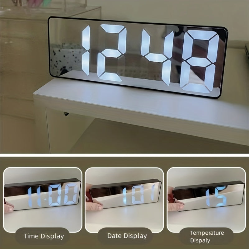 Digital clock with large LED display, mirror surface, dual brightness levels, and battery or USB charging, ideal for home décor.