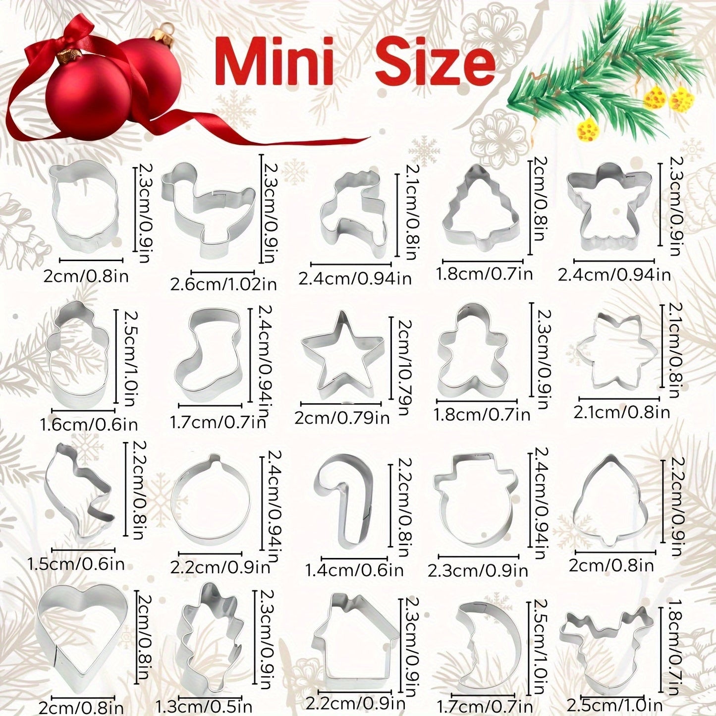 Set of 20 miniature Christmas cookie cutters made of stainless steel featuring Santa, reindeer, and snowman shapes. These baking molds are safe to use with food and perfect for making festive treats and holiday snacks.