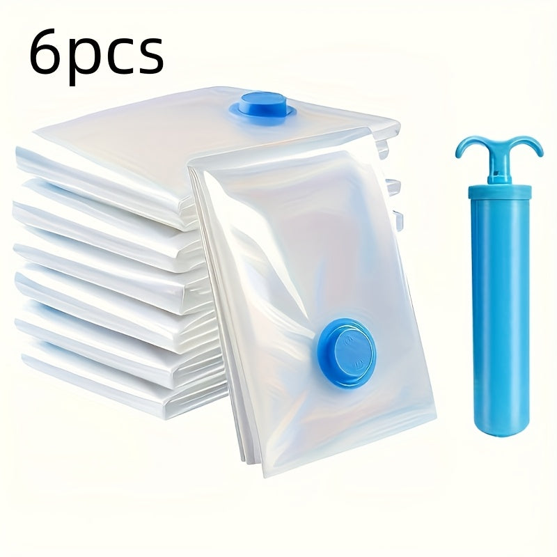 Pack of 6 Vacuum Storage Bags with a Manual Pump for Portable Plastic Travel Clothes Storage. Perfect for Blankets, Bedding, Clothes, Quilts and are a Must-have for Home Organization. Save Space with these Storage Bags.