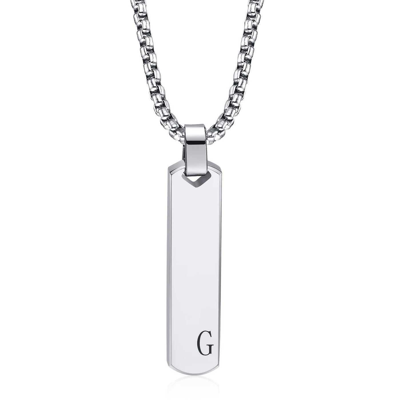 Letter necklace pendant made of stainless steel with laser engraving featuring all 26 letters, the pendant has a high polished three-dimensional rectangular design, and is a trendy fashion accessory for men crafted from titanium steel.