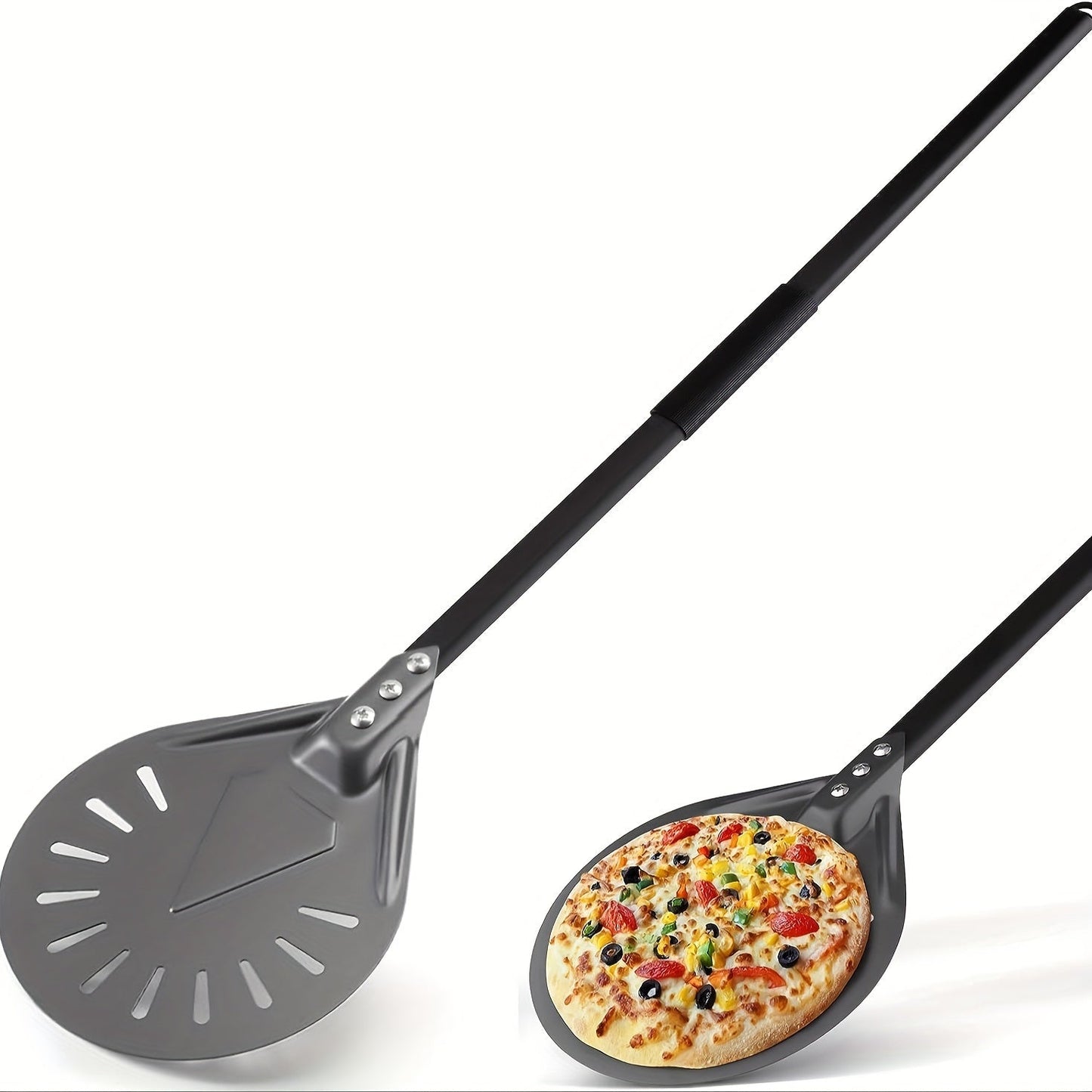 This aluminum pizza peel is 8 inches long and features a non-slip grip for easy handling. The handle is detachable, measuring at 80.01cm, making it perfect for homemade pizzas and breads.