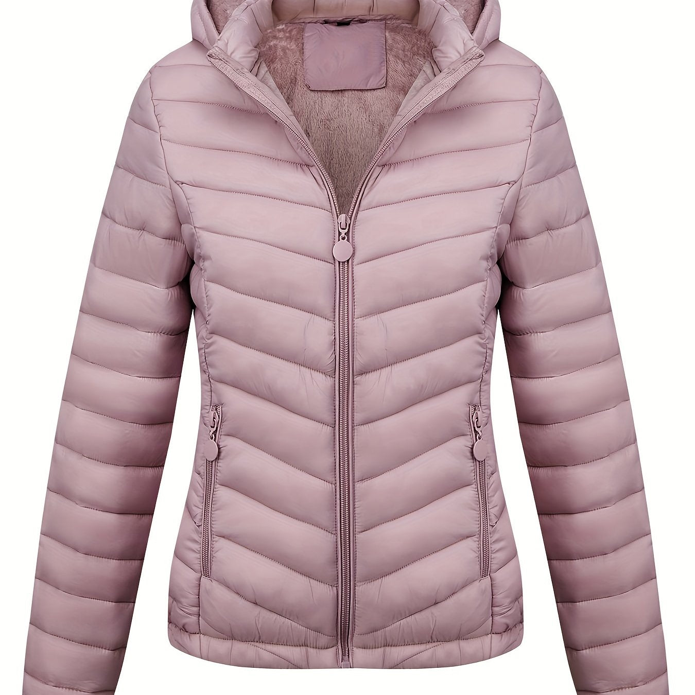 Zip-up Puffy Coat with Slant Pockets for Fall & Winter, Women's Clothing