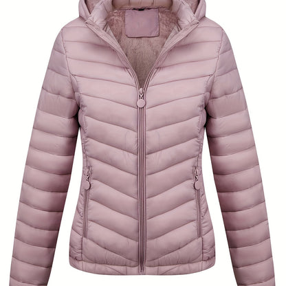 Zip-up Puffy Coat with Slant Pockets for Fall & Winter, Women's Clothing