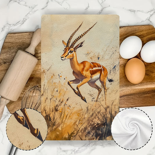 Set of 2 Ultra-Plush Kitchen Towels - Elegant Gazelle in Grasslands Print, Super Absorbent & Easy to Clean Hand Towels for Dishes, Modern Coastal Style, 40.64x60.96 cm, Dish Cloths