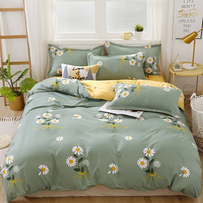 Fresh Daisy Print Duvet Cover Set includes 1 Flat Sheet, 1 Duvet Cover, and 2 Pillowcases. Soft, comfortable, and skin-friendly. Perfect for bedroom or guest room. No core included.