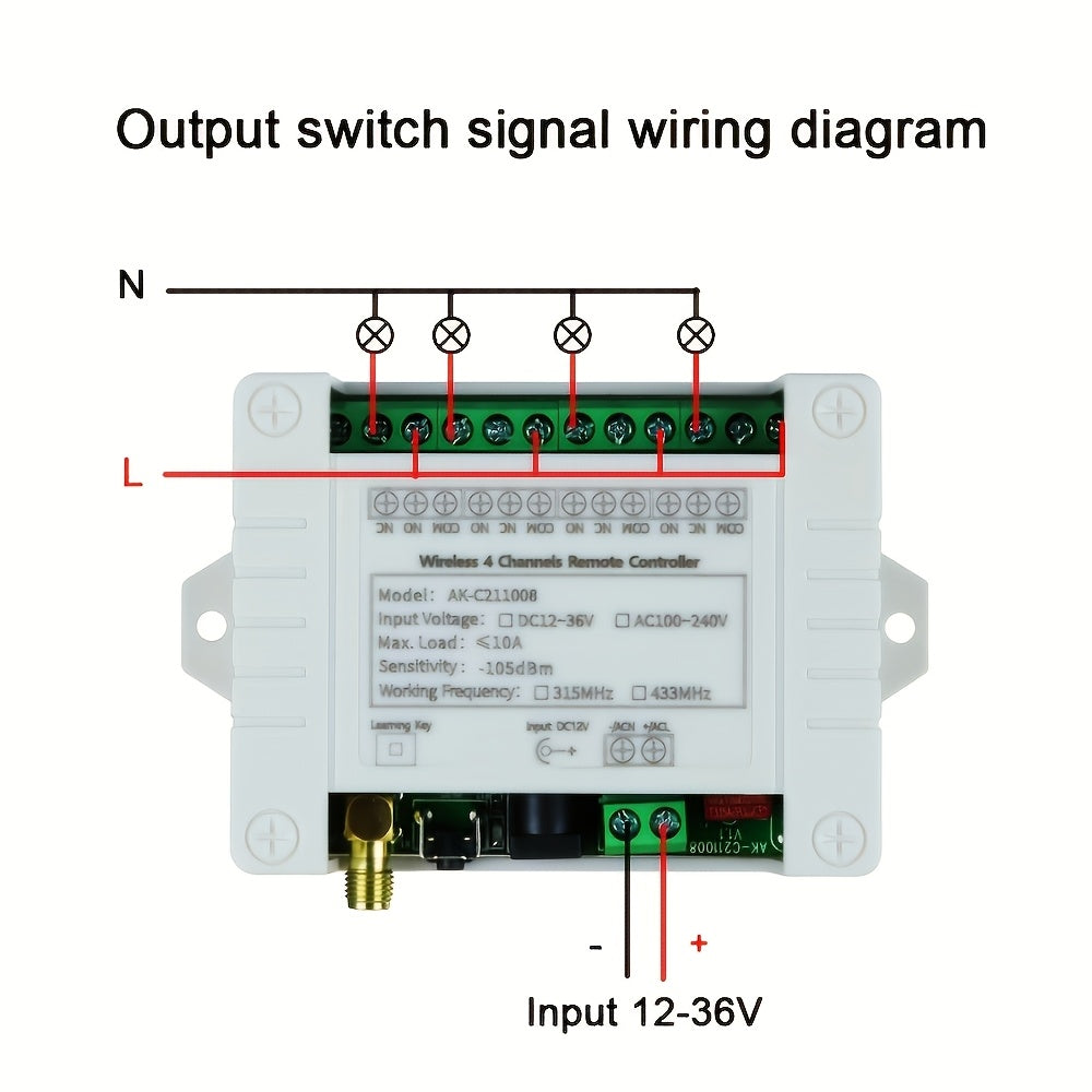 1pc 433MHz Wireless Relay RF Remote Control Switch Receiver, 4 Channel, Wall Mount, Shock-Resistant, for Computers, Non-Waterproof, Hardwired, ≤36V, DC 12V 24V 36V 10A, Orange Transmitter