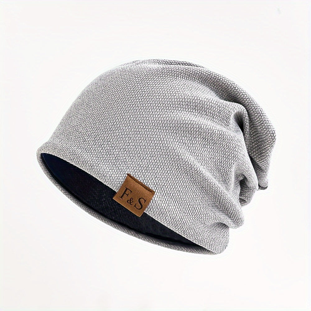 Christmas gift of a men's casual beanie hat made with a blend of cotton and soft, breathable polyester fabric. Features an alphabet pattern, high stretch, and is recommended for hand wash only.