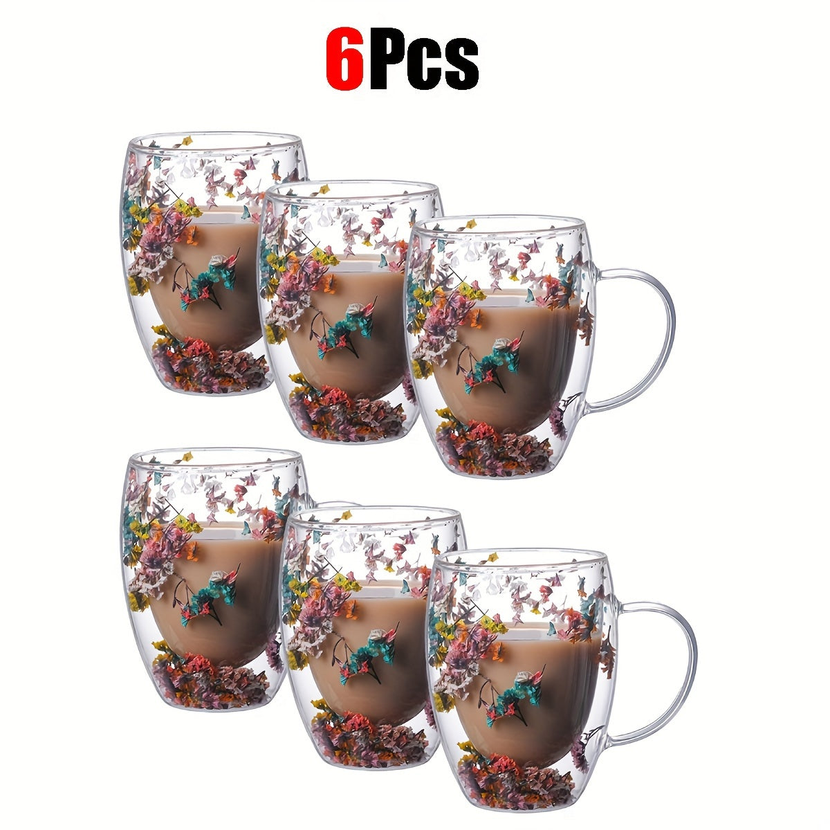 11.830z Double-walled Glass Coffee Cup with Dried Flowers, Insulation, Reusable for Espresso, Iced Coffee, Juice - Hand Wash Only - 2-4-6pcs