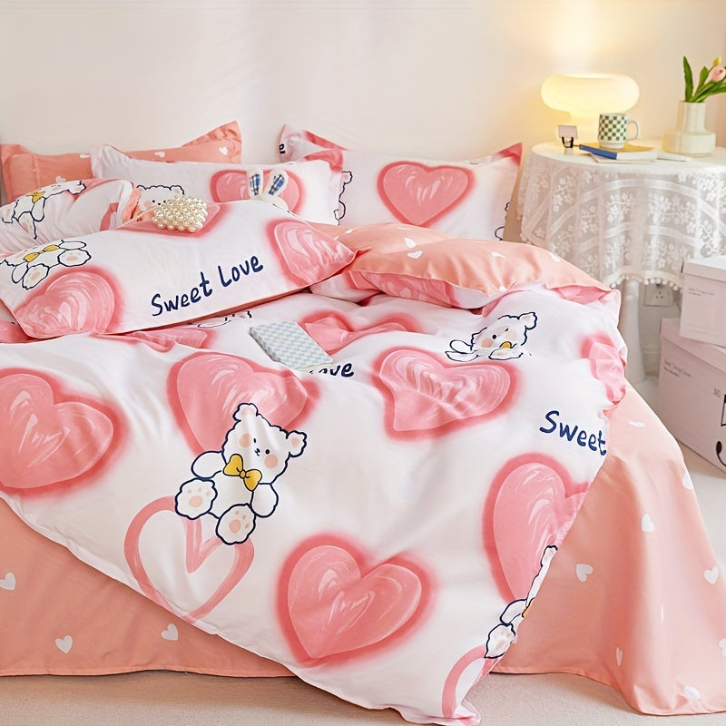 Four Seasons bedding set with Love Bear print, includes quilt cover, pillowcases, and fitted sheet. Soft, breathable, machine washable.