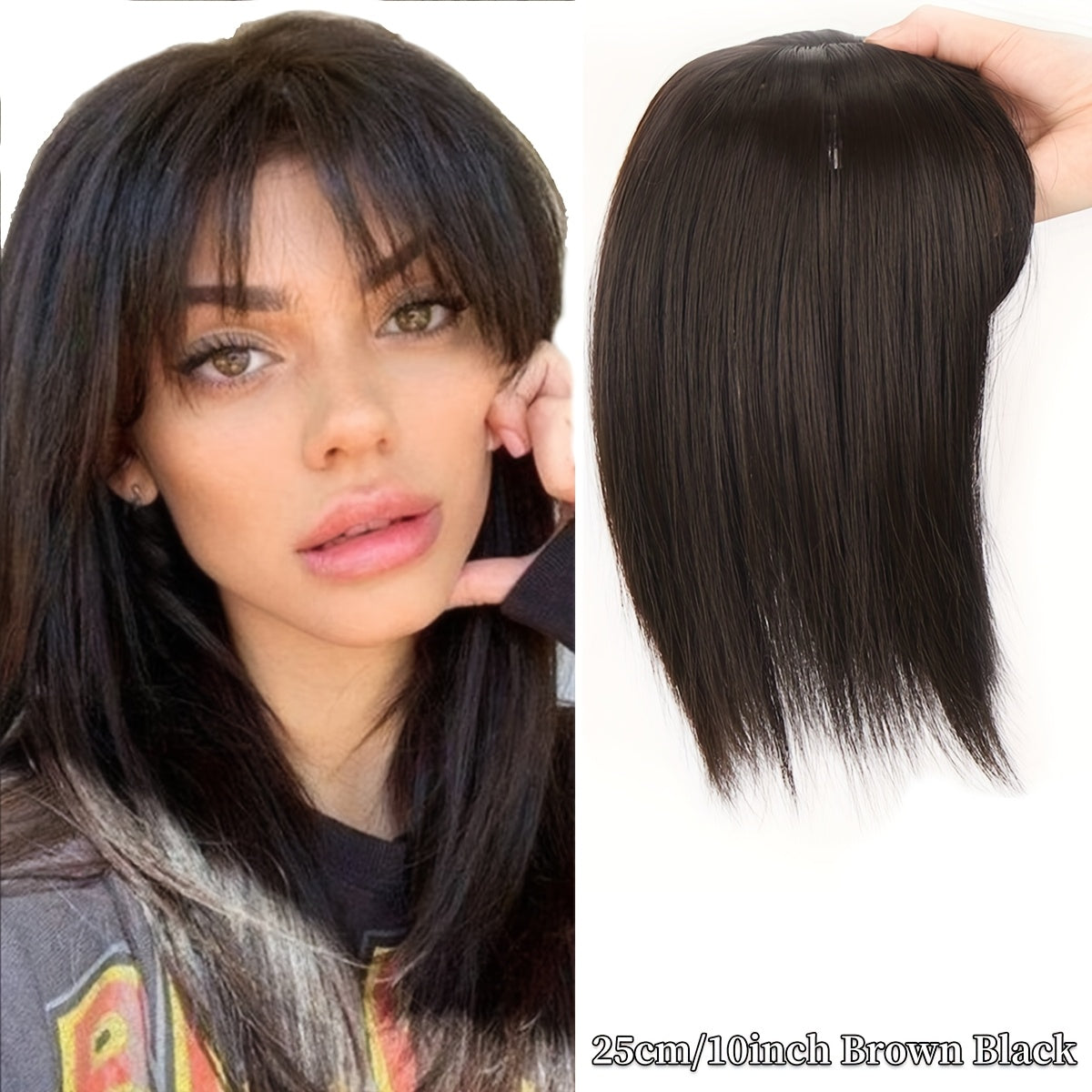 Straight synthetic hair pieces for women that seamlessly clip in to provide a natural-looking bang, with an invisible white cover and hair clips.