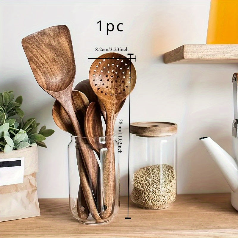 Wooden kitchen utensil set with non-stick spatula, soup spoon, and spoon combo. Durable and high quality for healthy cooking, at a low price. Retailers can be unreliable.