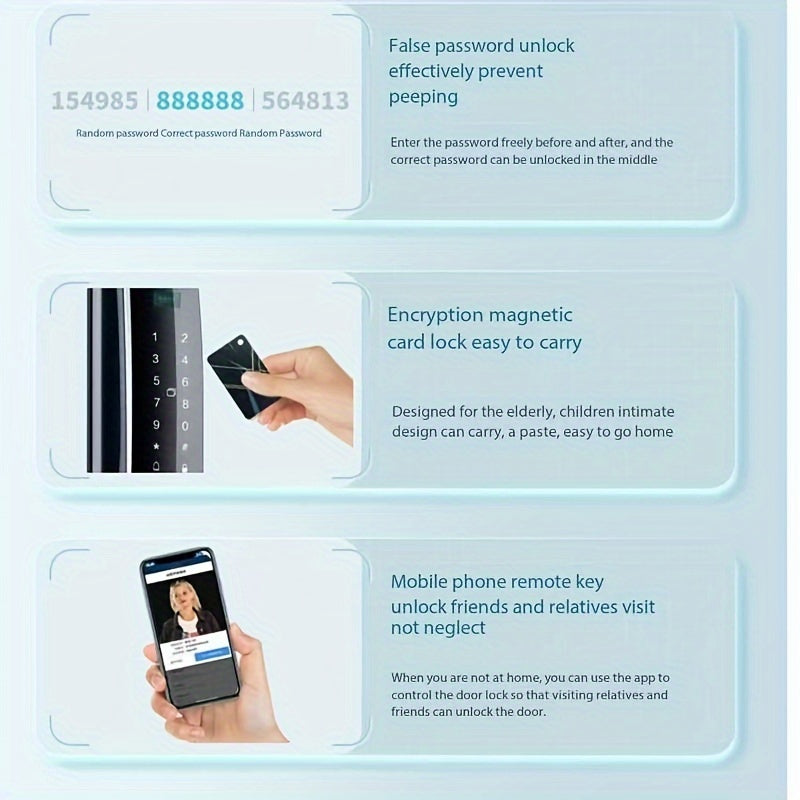 Smart lock with intelligent 3D facial recognition, automatic fingerprint scanning, and password entry for home security.