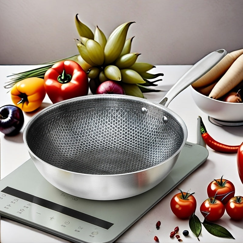 Durable Stainless Steel Wok with Non-Stick Coating, Spacious Cooking Area, Heat-Resistant, Easy to Clean, Ideal for All Your Kitchen Frying Needs.